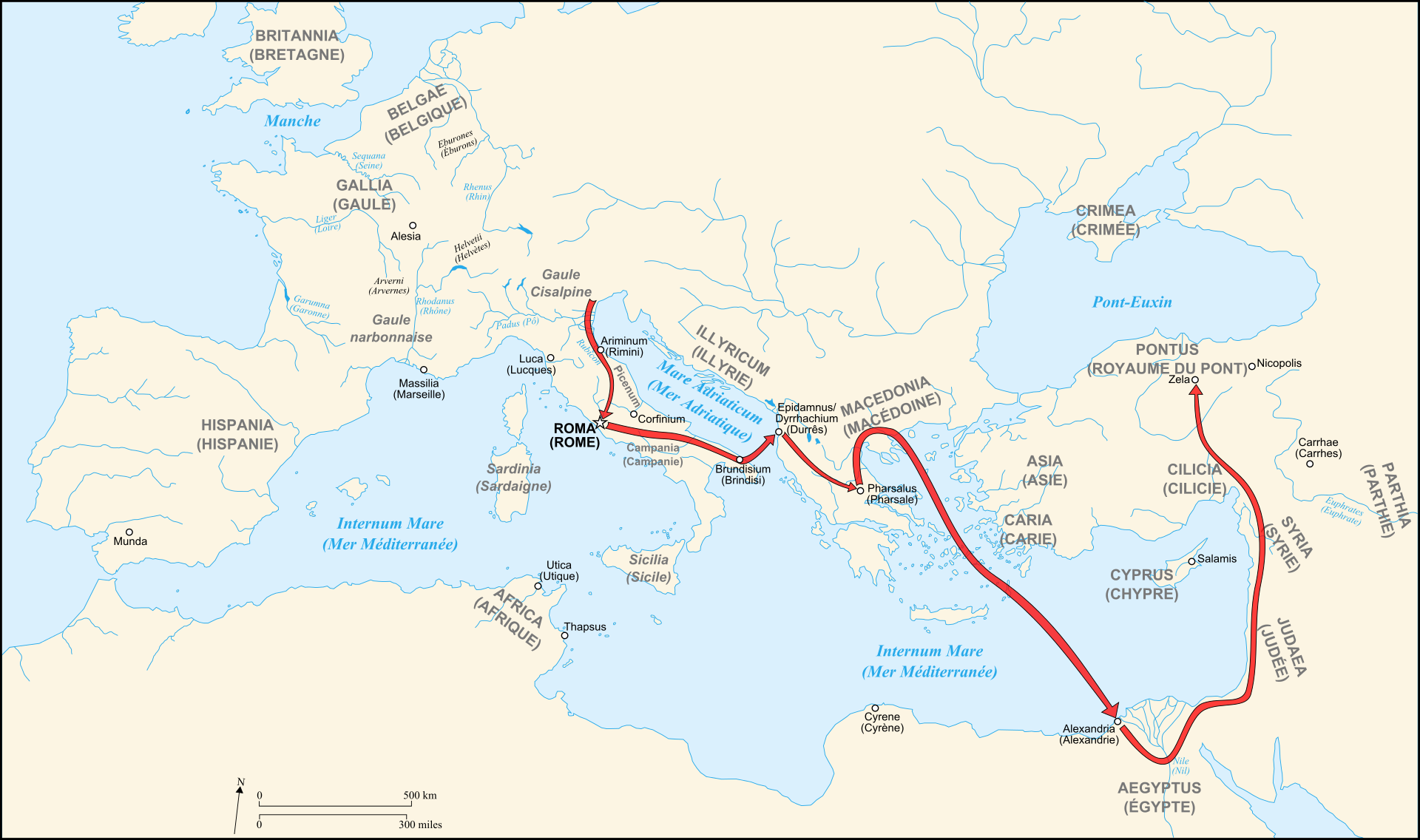 Il percorso di Giulio Cesare da Roma a Zela, luogo della battaglia.